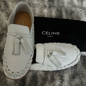 CELINE PARIS WHITE LOGO WHIPSTICH LEATHER CASUAL MOCCASINS LOAFERS SHOES 36